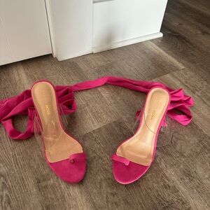 Fashion Nova Fuchsia Tie-Up Heels with Clear Strap